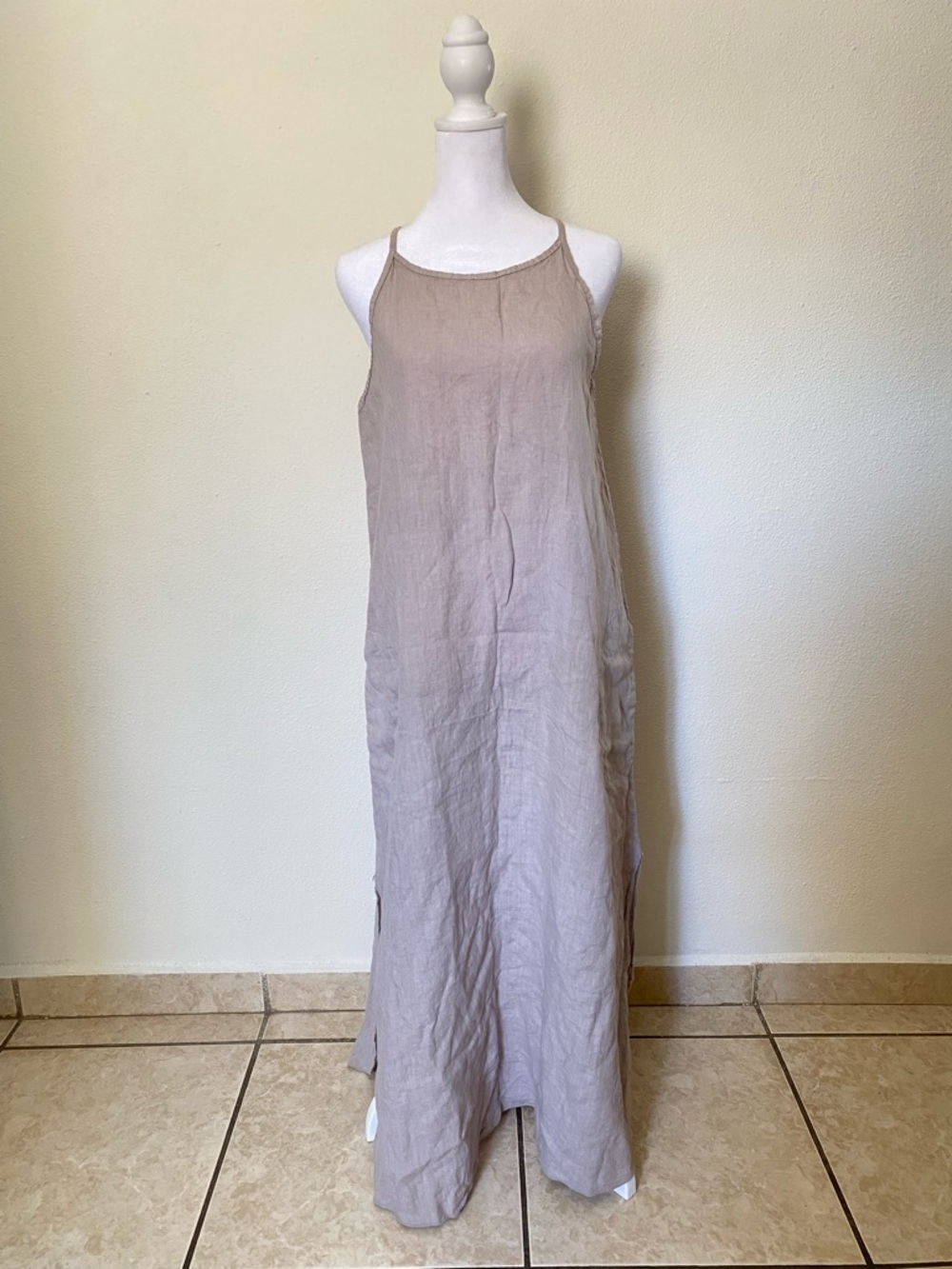 Laura Bianchi Italy 100% Linen Beige Maxi Dress M Pockets Coastal Vaca Minimalis
